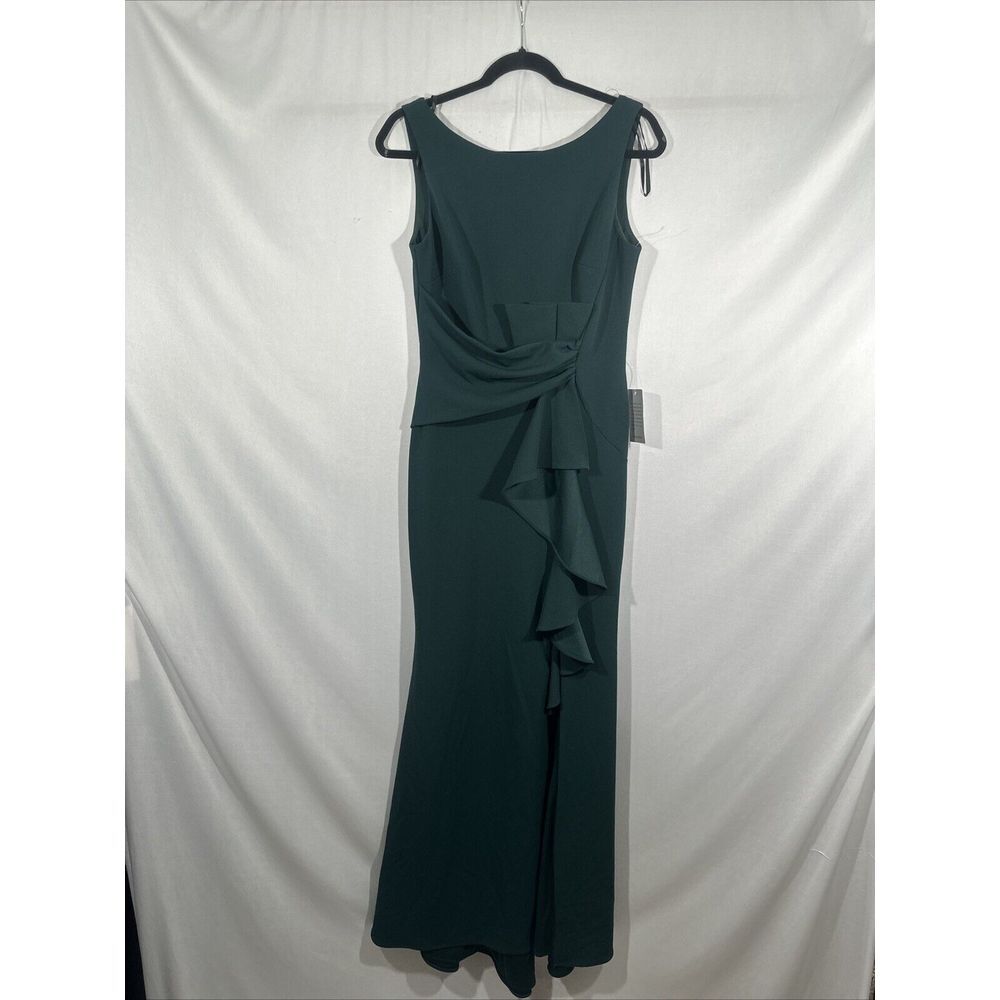 NEW $229 Betsy & Adam [‎ 8 ] Sleeveless Ruffle Bow Trumpet Gown in Pine Green - Picture 9 of 14